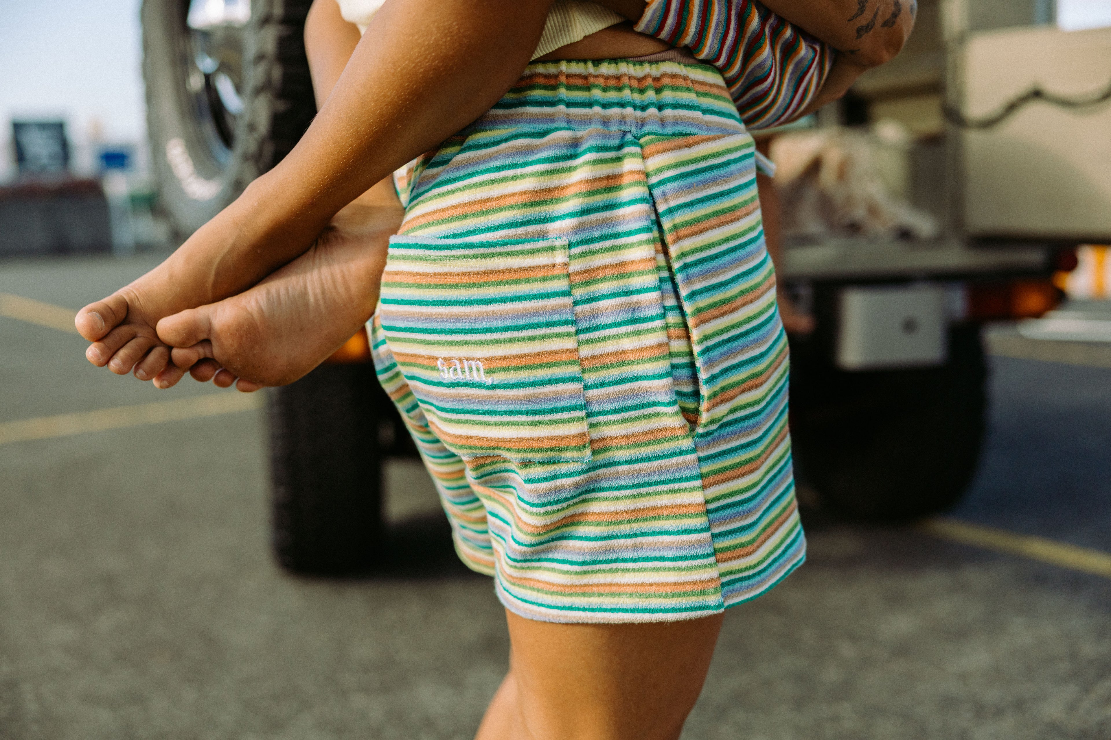 Pine Lime Stripe Terry Shorts - Adult